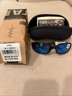 Costa Brine Sunglasses - Black Frame with Blue Mirrored Lenses